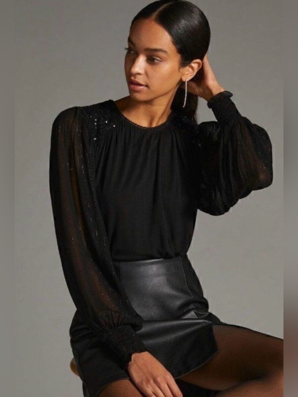 NWT [$128] Anthropologie Bl^nk Black Sequin Shoulder Blouse. Sz XS